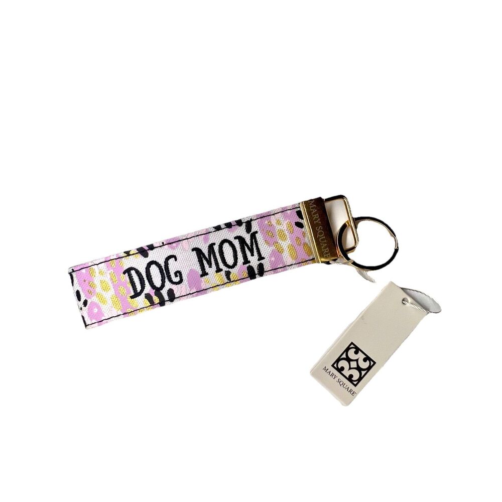 Mary Square MOM DOG Fabric Key Wristlet Key Chain NWT PINK BLK GOLD